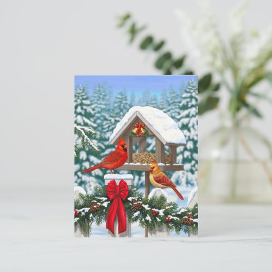 Kardinalen en feeder van kerstvogels feestdagenkaart (Staand voorkant)