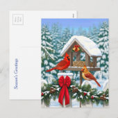 Kardinalen en feeder van kerstvogels feestdagenkaart (Voorkant / Achterkant)