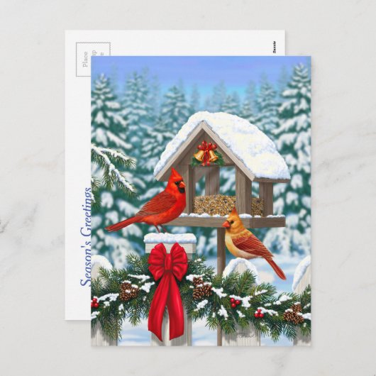Kardinalen en feeder van kerstvogels feestdagenkaart (Voorkant / Achterkant)