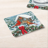 Kardinalen en feeder van kerstvogels kartonnen onderzetters (Schuin)