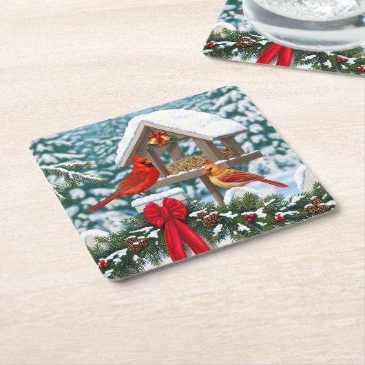 Kardinalen en feeder van kerstvogels kartonnen onderzetters (Schuin)
