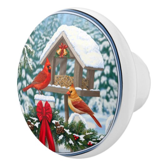 Kardinalen en feeder van kerstvogels keramische knop (Rechts)