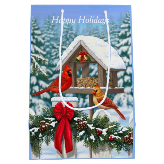 Kardinalen en feeder van kerstvogels medium cadeauzakje (Achterkant)