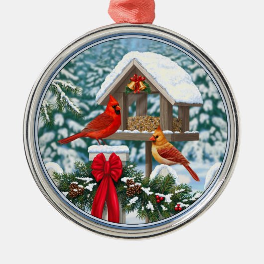 Kardinalen en feeder van kerstvogels metalen ornament (Voorkant)