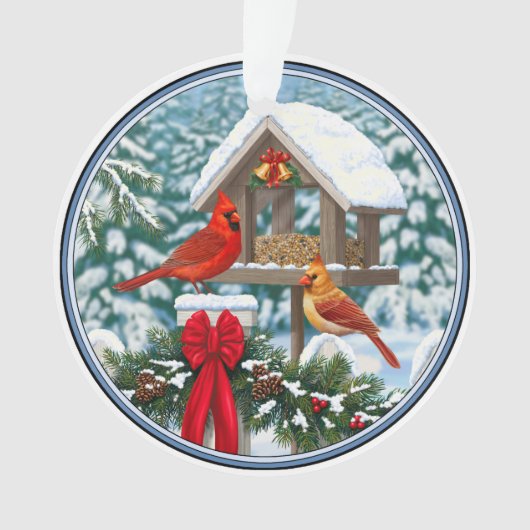 Kardinalen en feeder van kerstvogels ornament (voorkant)
