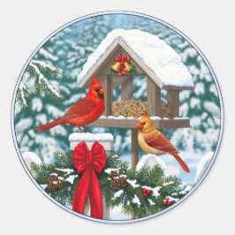 Kardinalen en feeder van kerstvogels ronde sticker