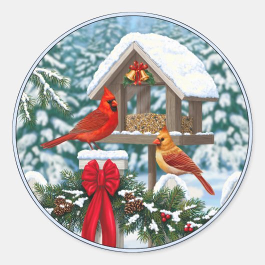 Kardinalen en feeder van kerstvogels ronde sticker (Voorkant)