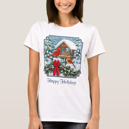 Kardinalen en feeder van kerstvogels t-shirt (Voorkant)