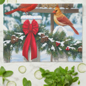 Kardinalen en feeder van kerstvogels theedoek (Gevouwen)