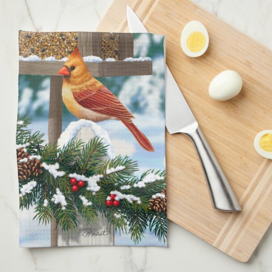 Kardinalen en feeder van kerstvogels theedoek (Quarter Fold)