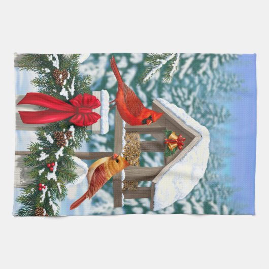 Kardinalen en feeder van kerstvogels theedoek (Horizontaal)