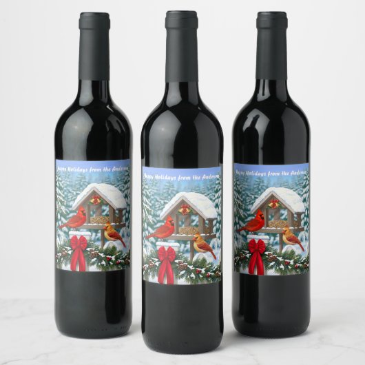 Kardinalen en feeder van kerstvogels wijn etiket (Flessen)