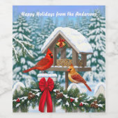 Kardinalen en feeder van kerstvogels wijn etiket (Enkel label)