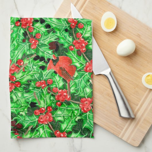 Kardinalen en holbessen theedoek (Quarter Fold)