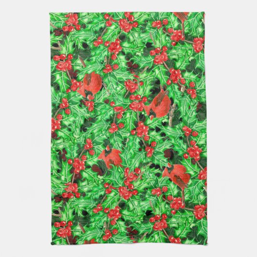 Kardinalen en holbessen theedoek (Verticaal)