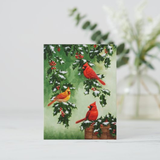 Kardinalen en kerstboom hulst feestdagenkaart (Staand voorkant)