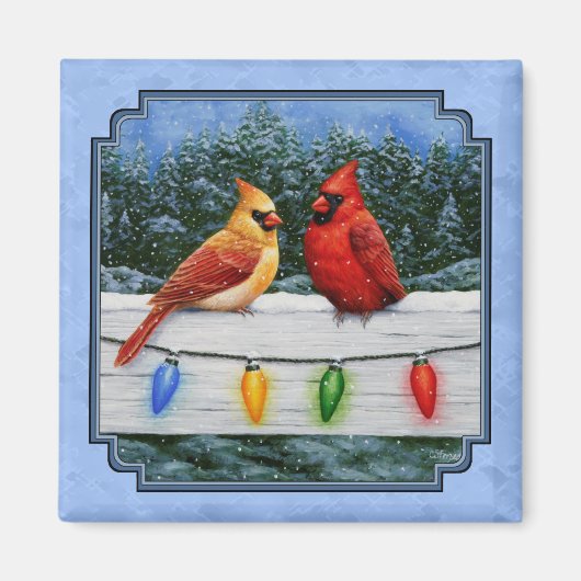 Kardinalen en kerstlampjes Blue Magneet (Voorkant)