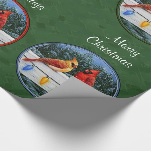 Kardinalen en kerstlampjes groen cadeaupapier (Hoek)