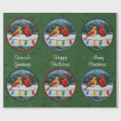 Kardinalen en kerstlampjes groen cadeaupapier (Vlak)