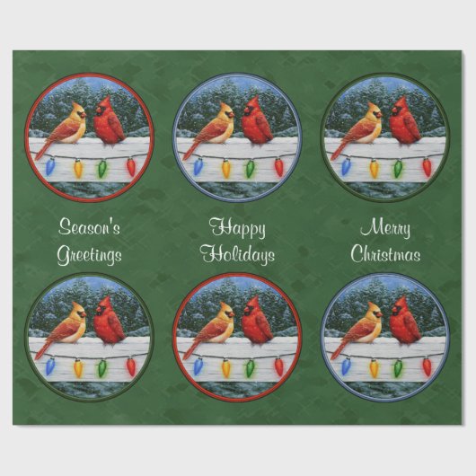 Kardinalen en kerstlampjes groen cadeaupapier (Vlak)