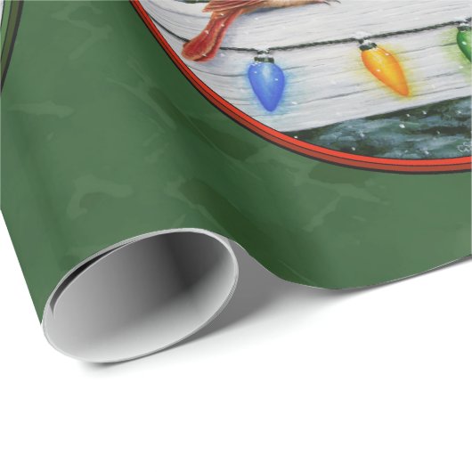 Kardinalen en kerstlampjes groen cadeaupapier (Rol Hoek)