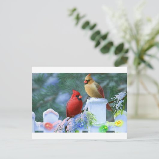 Kardinalen en kerstlichten feestdagenkaart (Staand voorkant)