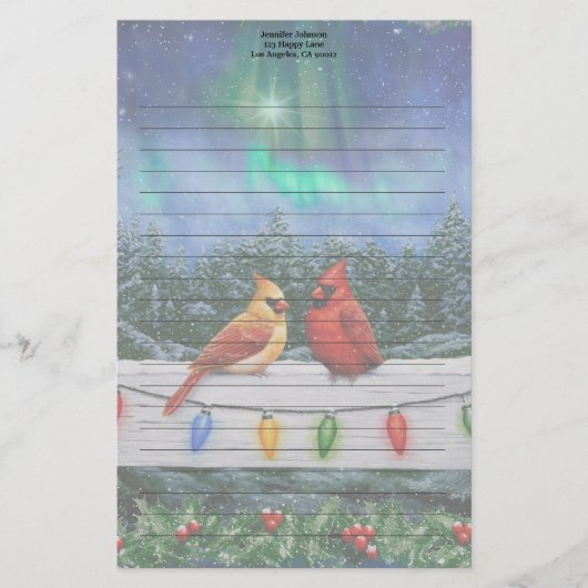 Kardinalen en Kerstverlichting Winter Sneeuw Briefpapier (Voorkant)
