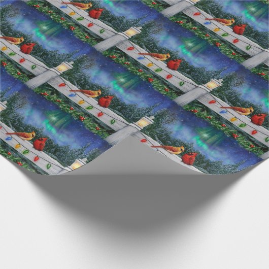 Kardinalen en Kerstverlichting Winter Sneeuw Cadeaupapier (Hoek)