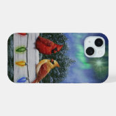 Kardinalen en Kerstverlichting Winter Sneeuw iPhone 15 Case (Achterkant horizontaal)