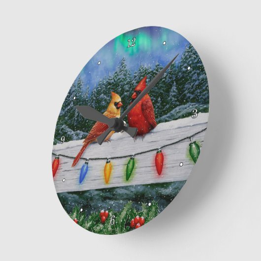 Kardinalen en Kerstverlichting Winter Sneeuw Ronde Klok (Hoek)