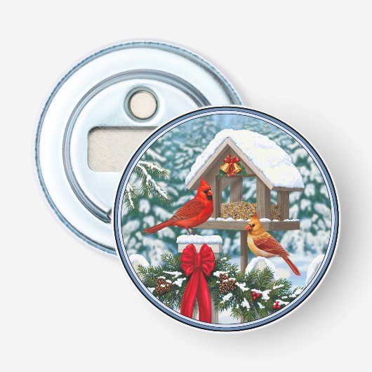Kardinalen en Kerstvogelvoeder Button Flesopener (Voorkant)