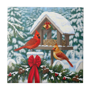 Kardinalen en Kerstvogelvoeder Tegeltje