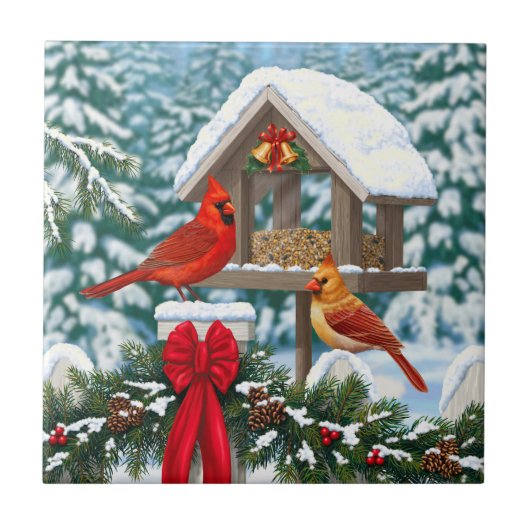 Kardinalen en Kerstvogelvoeder Tegeltje (Voorkant)