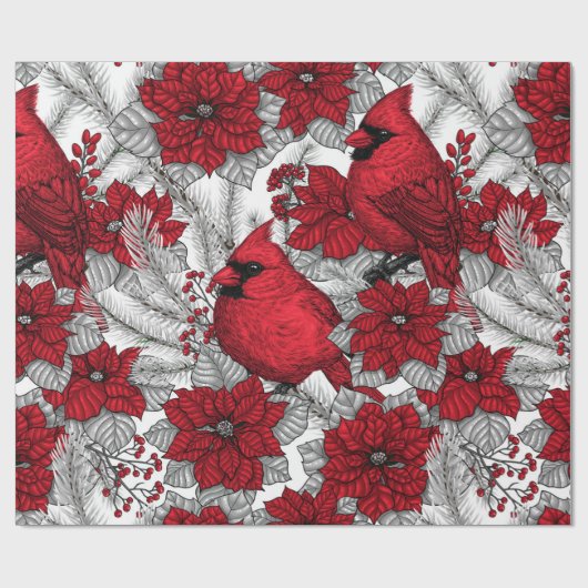 Kardinalen en poinsettia, rood en wit cadeaupapier (Vlak)