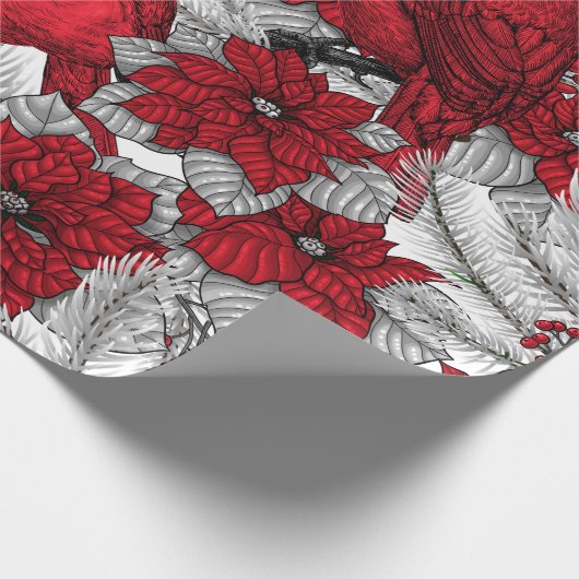 Kardinalen en poinsettia, rood en wit cadeaupapier (Hoek)