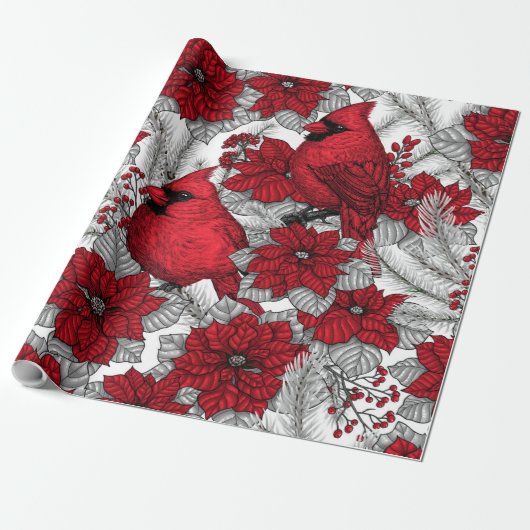 Kardinalen en poinsettia, rood en wit cadeaupapier (Uitgerold)