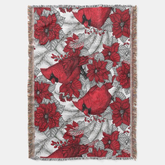 Kardinalen en poinsettia, rood en wit deken (Voorkant Verticaal)