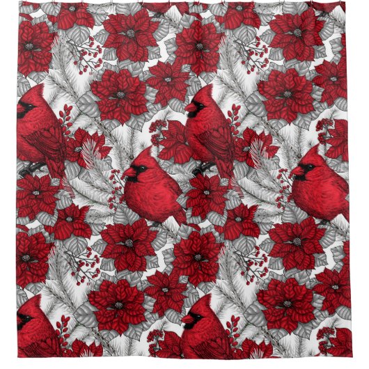 Kardinalen en poinsettia, rood en wit douchegordijn (Voorkant)