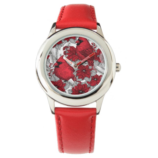 Kardinalen en poinsettia, rood en wit horloge (Voorkant)