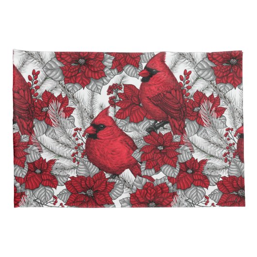 Kardinalen en poinsettia, rood en wit kussensloop (Achterkant-Rechts)
