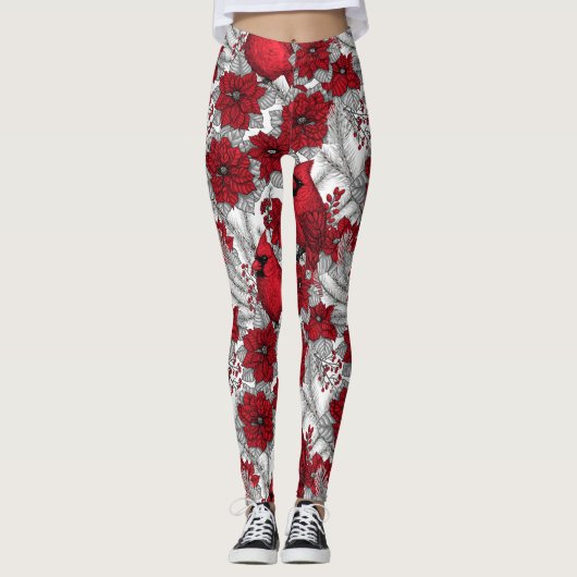 Kardinalen en poinsettia, rood en wit leggings (Voorkant)