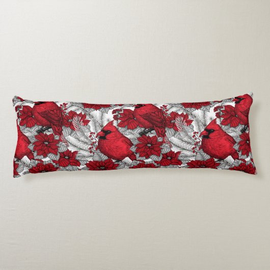 Kardinalen en poinsettia, rood en wit lichaamskussen (Achterkant)