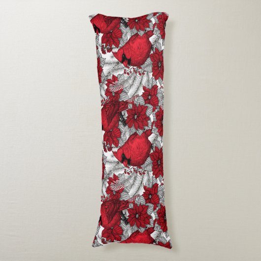 Kardinalen en poinsettia, rood en wit lichaamskussen (Voorkant Verticaal)