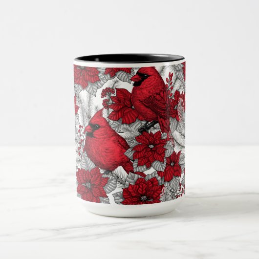 Kardinalen en poinsettia, rood en wit mok (Midden)