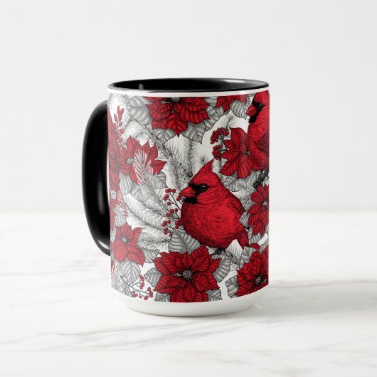 Kardinalen en poinsettia, rood en wit mok (Voorkant links)