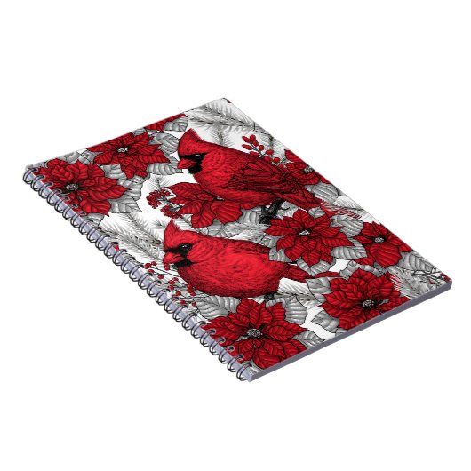 Kardinalen en poinsettia, rood en wit notitieboek (Rechterzijde)