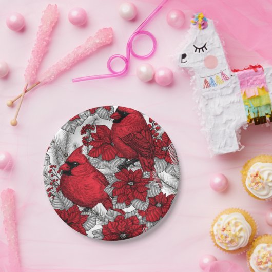 Kardinalen en poinsettia, rood en wit papieren bordje (Feest)