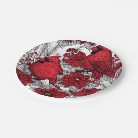 Kardinalen en poinsettia, rood en wit papieren bordje (Gekanteld)