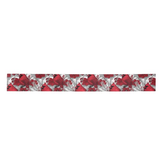 Kardinalen en poinsettia, rood en wit satijnen lint (Voorkant)