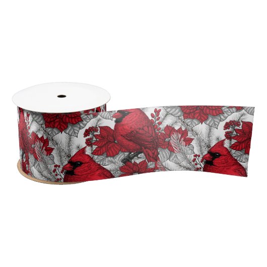 Kardinalen en poinsettia, rood en wit satijnen lint (Spoel)